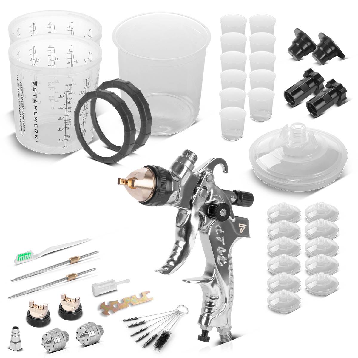 STAHLWERK Lackierer-Set HVLP Spritzpistole mit 25 Mischbecher 650 ml