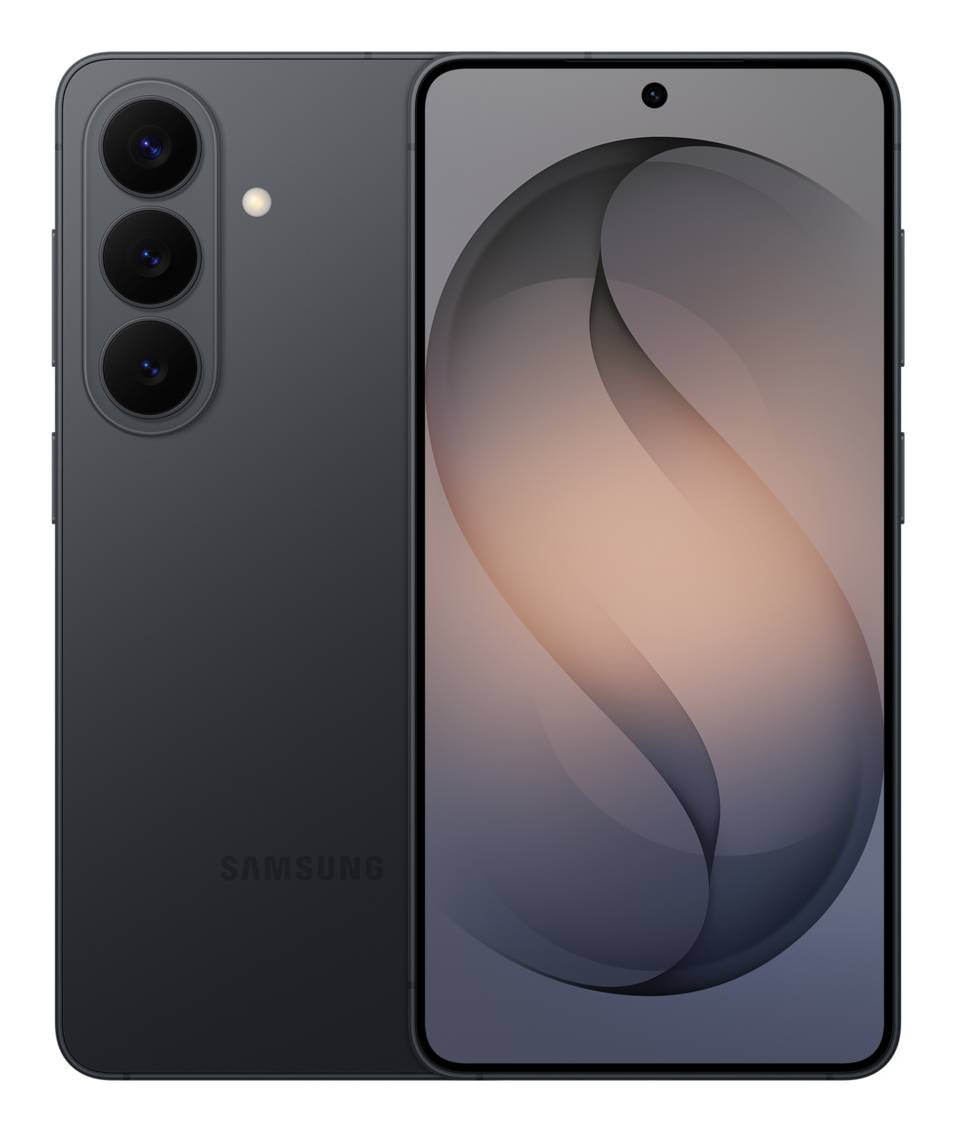 Vorder- und Rückansicht eines dunklen Samsung-Smartphones mit dreifach-Kamera-Array auf der Rückseite und Punch-Hole-Display mit abstraktem Hintergrundbild.