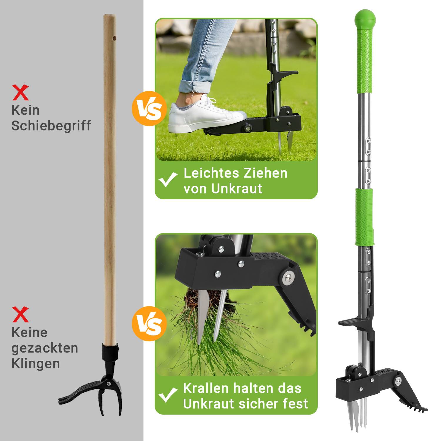Illustrierter Vergleich eines Unkrautziehers ohne Schubgriff oder Wellschliffklingen, mit zwei Vorteilen: einfaches Unkrautziehen und Krallen halten Unkraut sicher.