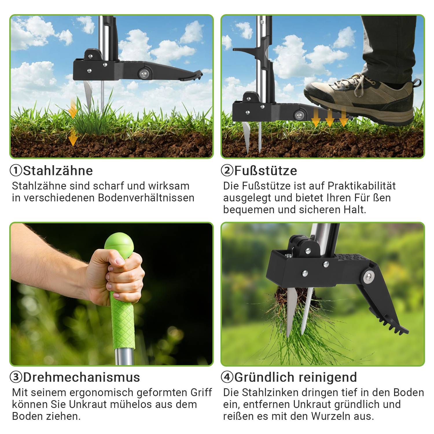 Vier-Panel-Produktgrafik eines Gartenunkrautziehers: Stahlzinken, Fußstütze, drehbarer Griff und Tiefenreinigungsaktion, die Unkraut an den Wurzeln entfernt.