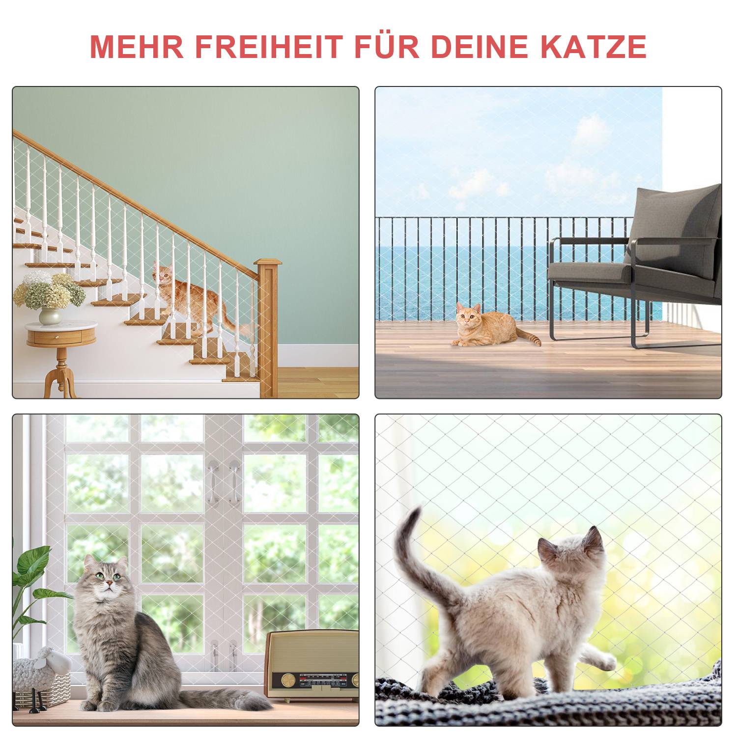 Katzennetz Balkon 8x3m UV-beständig wetterfest transparent, reißfestes Schutznetz für Katzen ohne Bohren