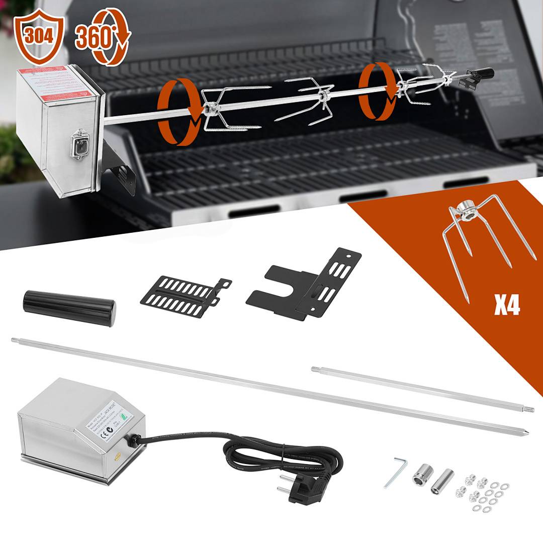 117 cm Edelstahl Grillspieß Set mit Motor 220–240V, Elektrischer Drehspieß inkl. 4 Fleischklammern & 4 Fleischnadeln, BBQ Rotisserie
