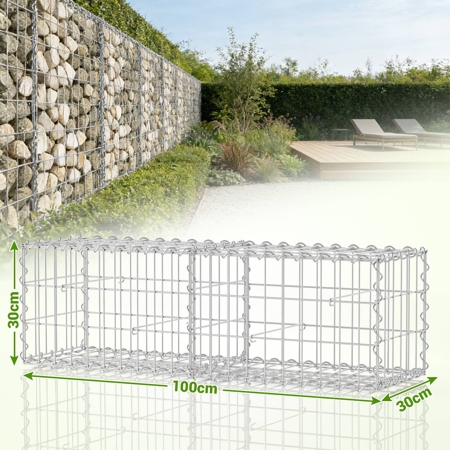 Gabione Steingabionen Steinkorb 100x30x30 cm 2er-Set – Gabionenwand Set inklusive 8 Aufhängehaken