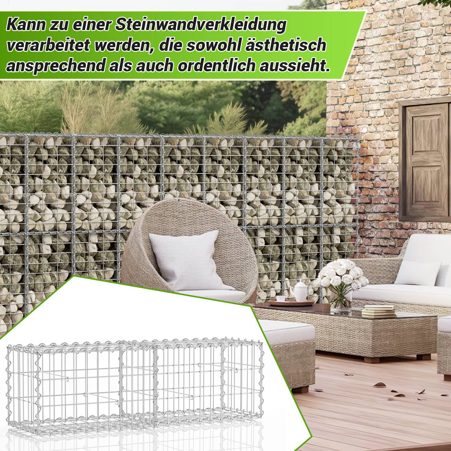 Gabione Steingabionen Steinkorb 100x30x30 cm 2er-Set – Gabionenwand Set inklusive 8 Aufhängehaken