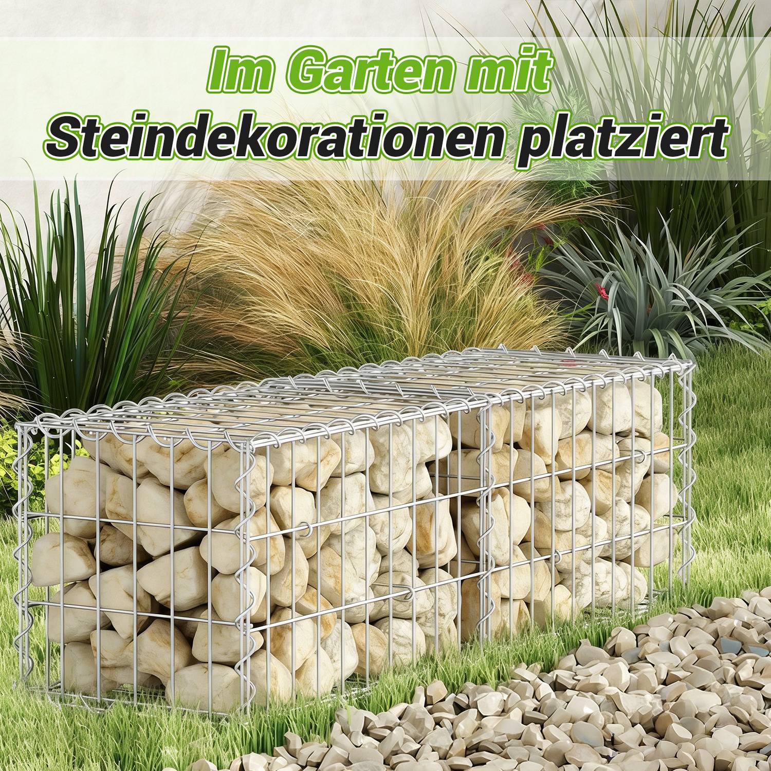 Gabione Steingabionen Steinkorb 100x30x30 cm 2er-Set – Gabionenwand Set inklusive 8 Aufhängehaken