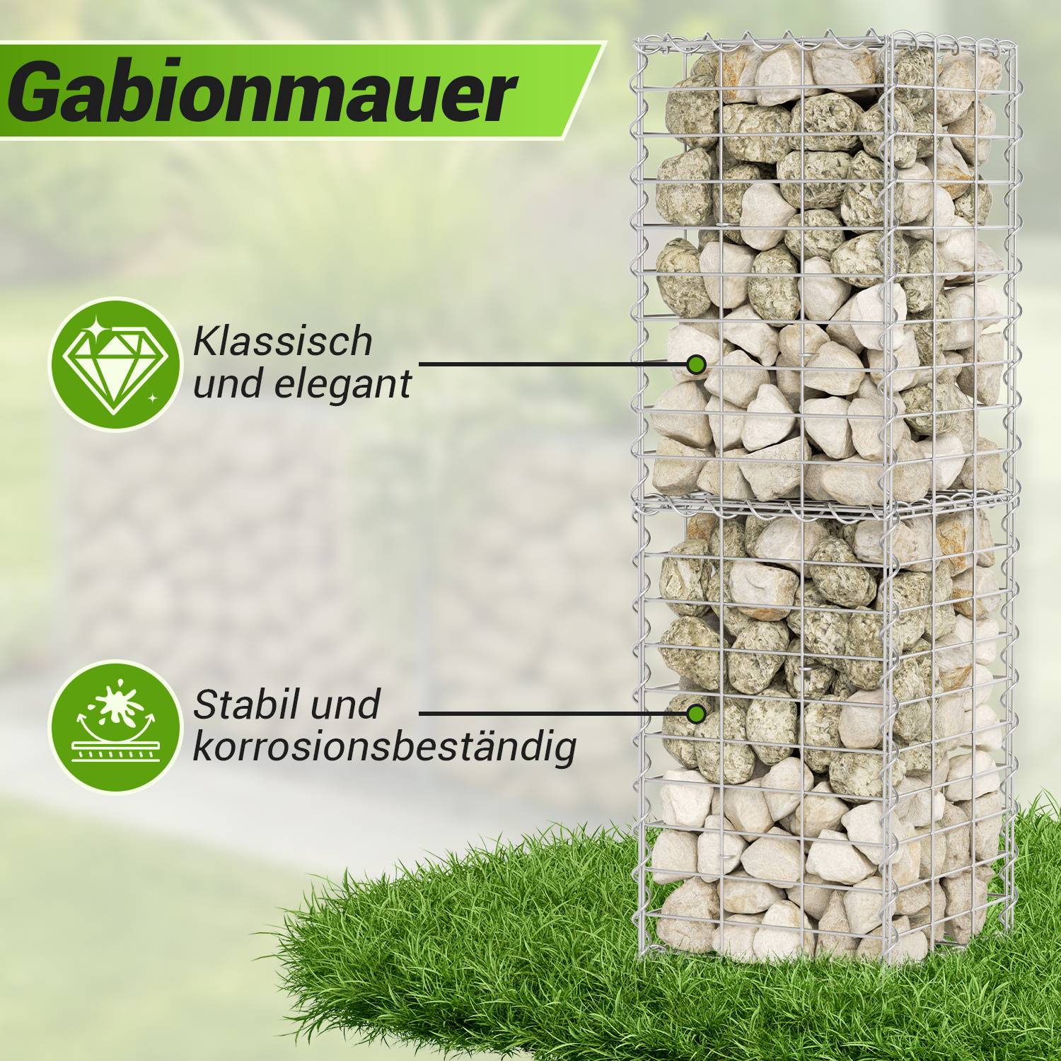 Gabione Steingabionen Steinkorb 100x30x30 cm 2er-Set – Gabionenwand Set inklusive 8 Aufhängehaken