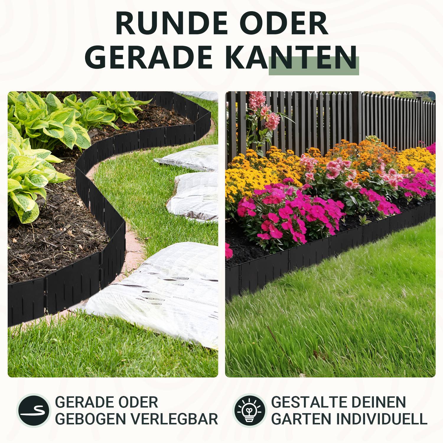 Rasenkante Beeteinfassung Beetbegrenzung 10m Länge 50-teilige Garten Border 20x15cm mit Dreikant-Profil - Biegsame PP-Kunststoff Rasenkanten Schwarz