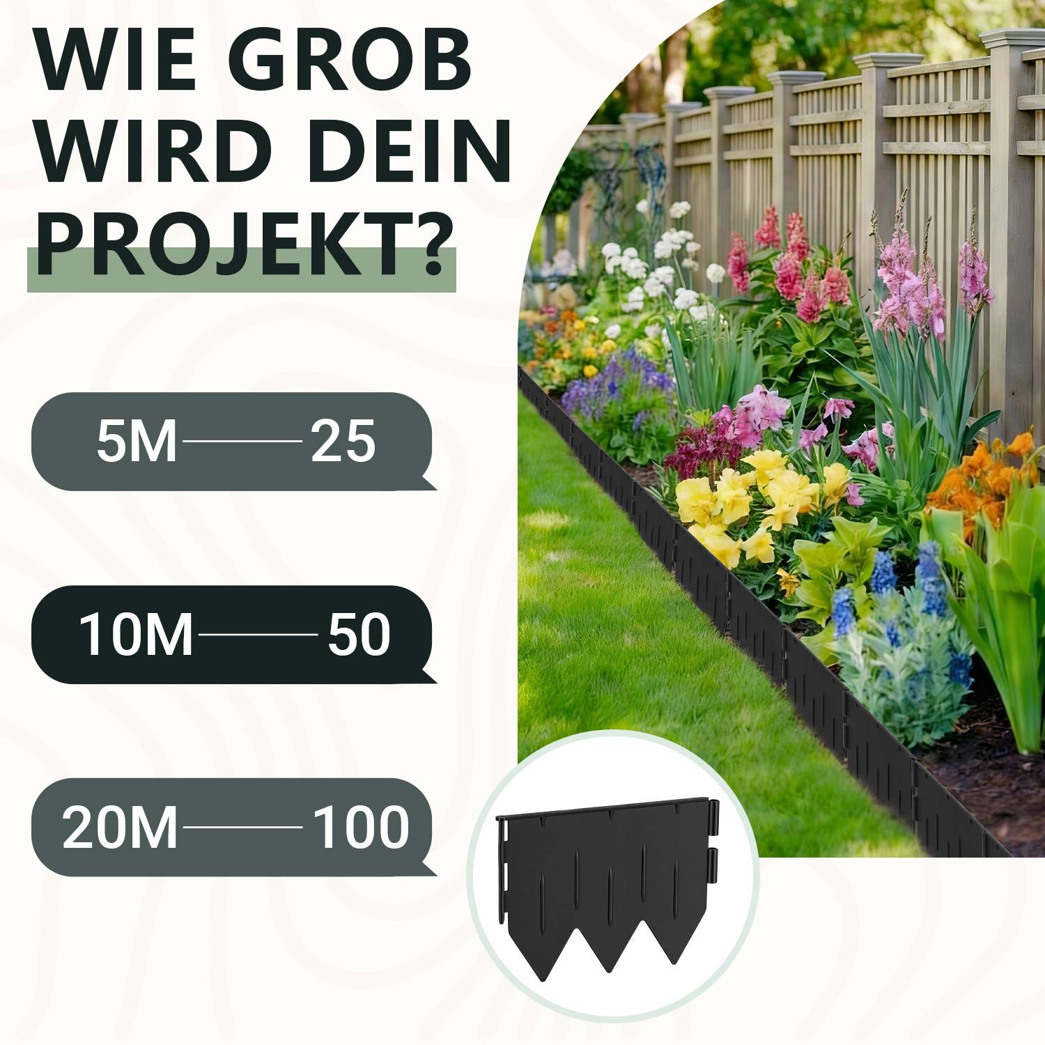 Rasenkante Beeteinfassung Beetbegrenzung 10m Länge 50-teilige Garten Border 20x15cm mit Dreikant-Profil - Biegsame PP-Kunststoff Rasenkanten Schwarz