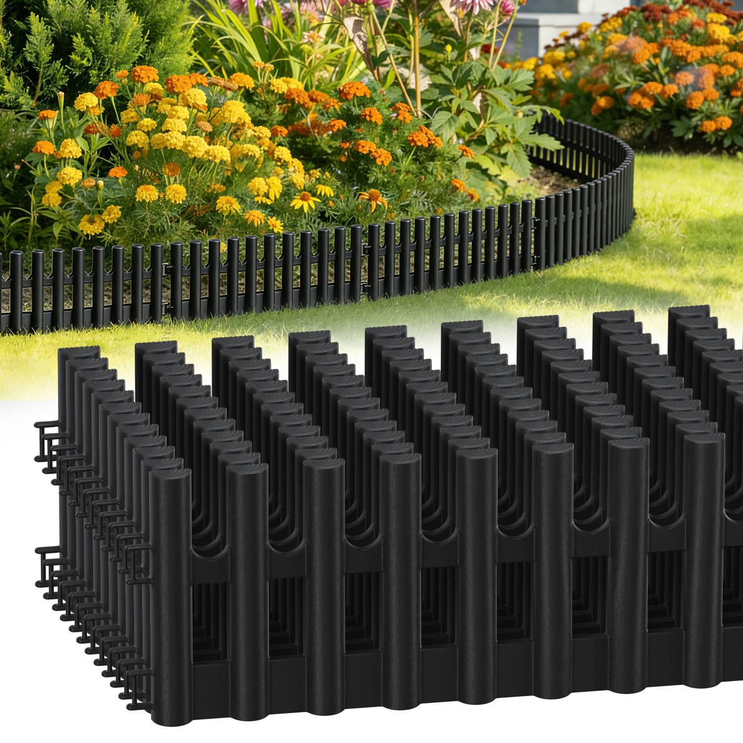 Plastik Rasenkante 12-teilig Set | 43x13 cm Hoch | Flexible Beetumrandung Garten | Witterungsbeständig Anthrazit | Inklusive 24 Erdnägeln 20 cm