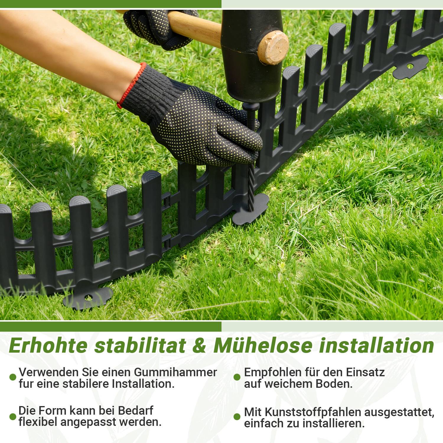 Plastik Rasenkante 6-teilig Set | 43x13 cm Hoch | Flexible Beetumrandung Garten | Witterungsbeständig Anthrazit | Inklusive 12 Erdnägeln 20 cm