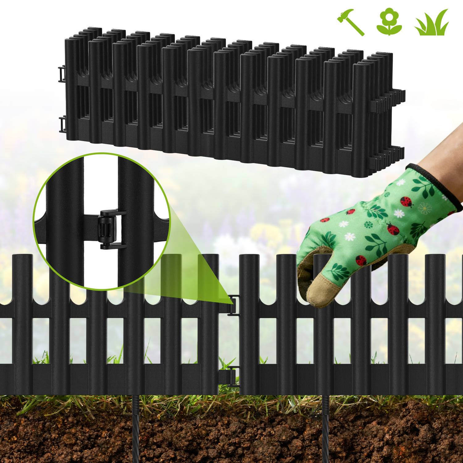 Plastik Rasenkante 6-teilig Set | 43x13 cm Hoch | Flexible Beetumrandung Garten | Witterungsbeständig Schwarz | Inklusive 12 Erdnägeln 20 cm