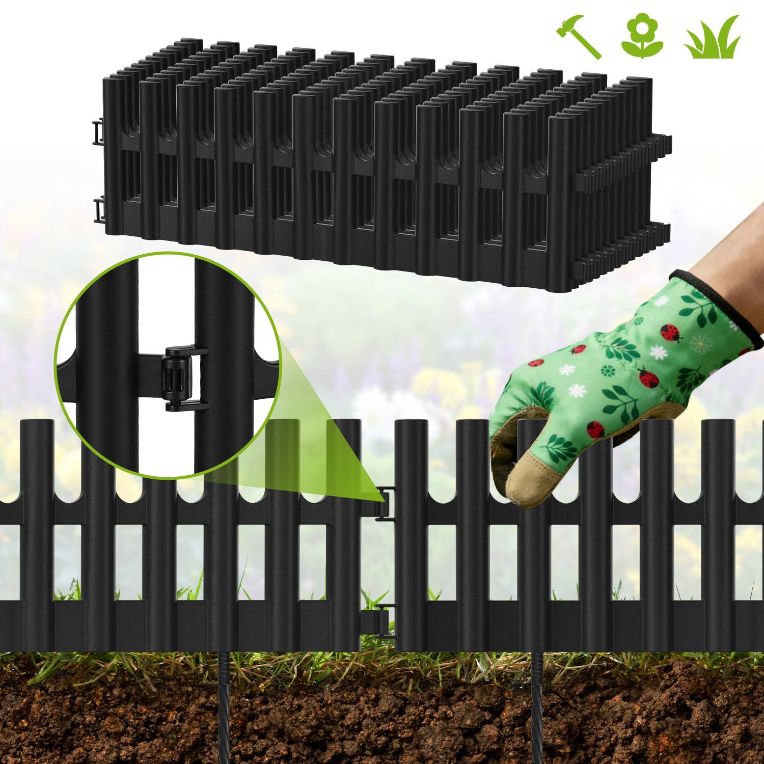 Plastik Rasenkante 12-teilig Set | 43x13 cm Hoch | Flexible Beetumrandung Garten | Witterungsbeständig Schwarz | Inklusive 24 Erdnägeln 20 cm