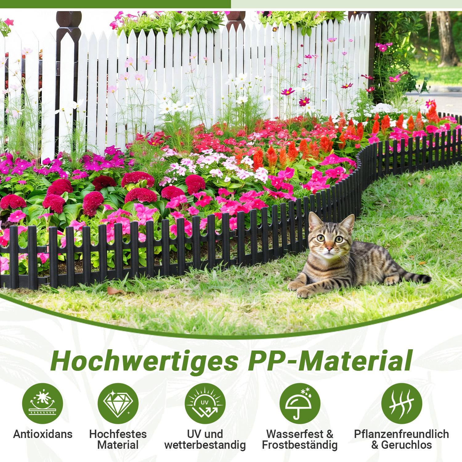 Plastik Rasenkante 12-teilig Set | 43x13 cm Hoch | Flexible Beetumrandung Garten | Witterungsbeständig Schwarz | Inklusive 24 Erdnägeln 20 cm