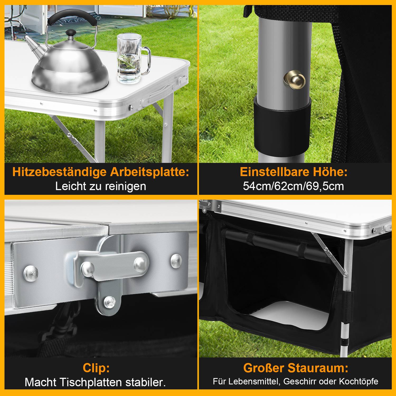 120 x 47 x 68 cm Faltbare Campingküche 2 Tische – Campingschrank Outdoor Küche Klapptisch mit Stauraum für Camping, Garten & Wohnmobil