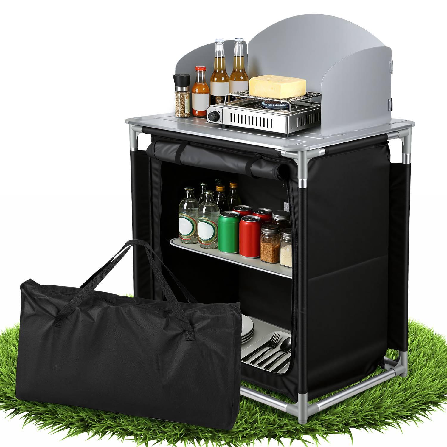 80 x 76 x 56 cm Campingküche mit Aluminium-Tischplatte und Windschutz – Faltbare Outdoor Küchenstation für Camping, Garten & Wohnmobil