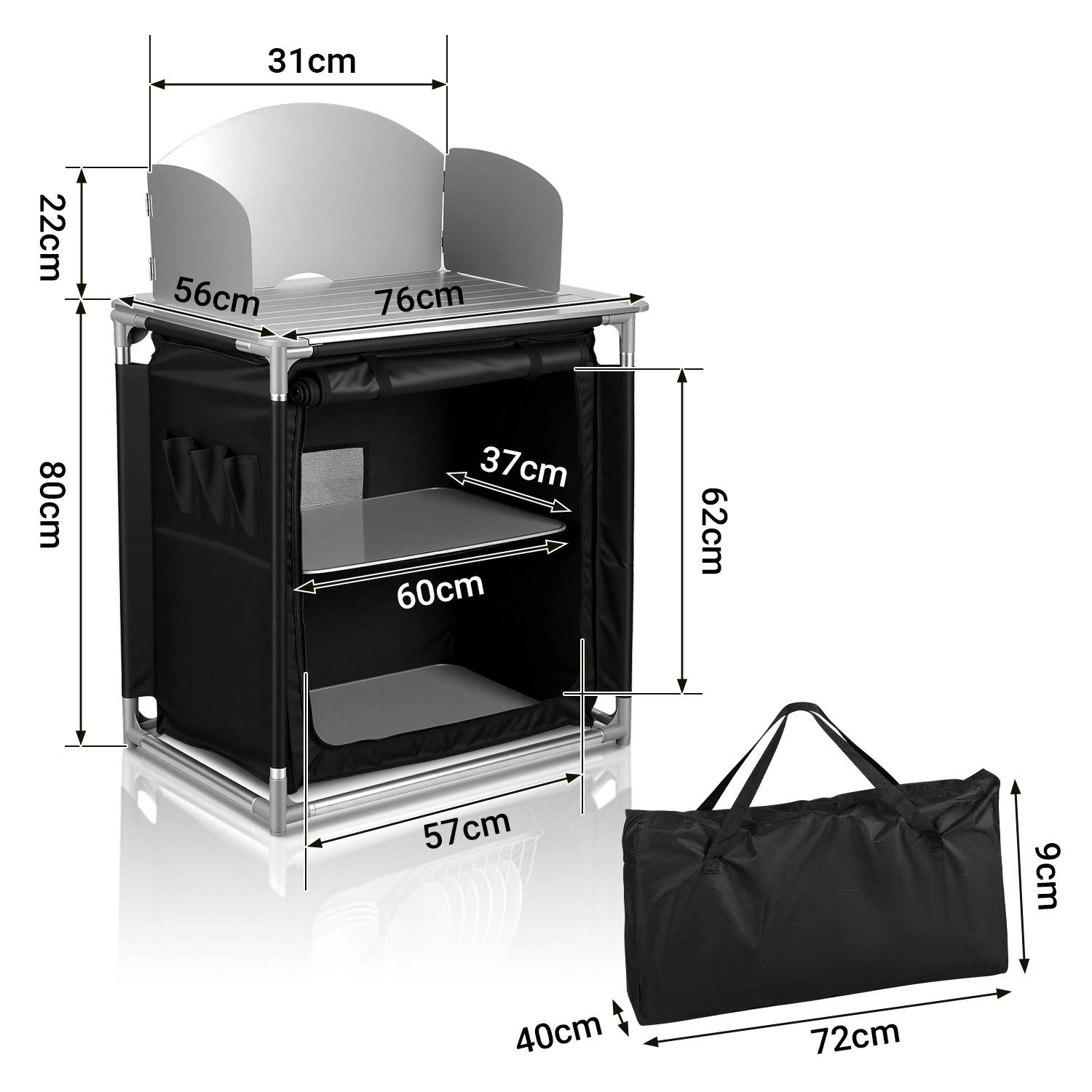 Campingküche mit 2 Schubladen, Outdoor Küchentisch mit Alu-Arbeitsplatte & Rand, stabile Campingbox 80x76x56cm für Wohnwagen, Schwarz