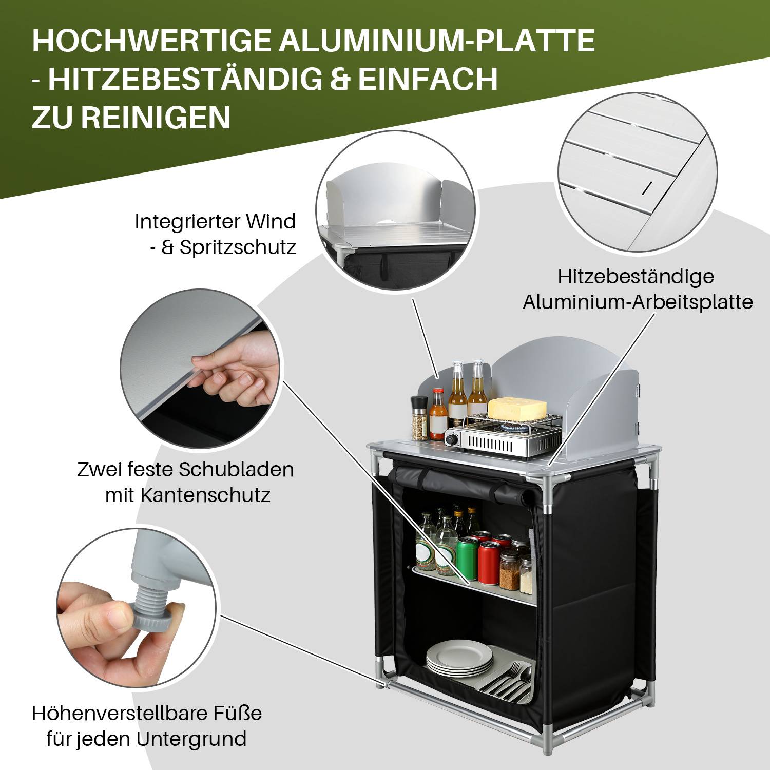80 x 76 x 56 cm Campingküche mit Aluminium-Tischplatte und Windschutz – Faltbare Outdoor Küchenstation für Camping, Garten & Wohnmobil