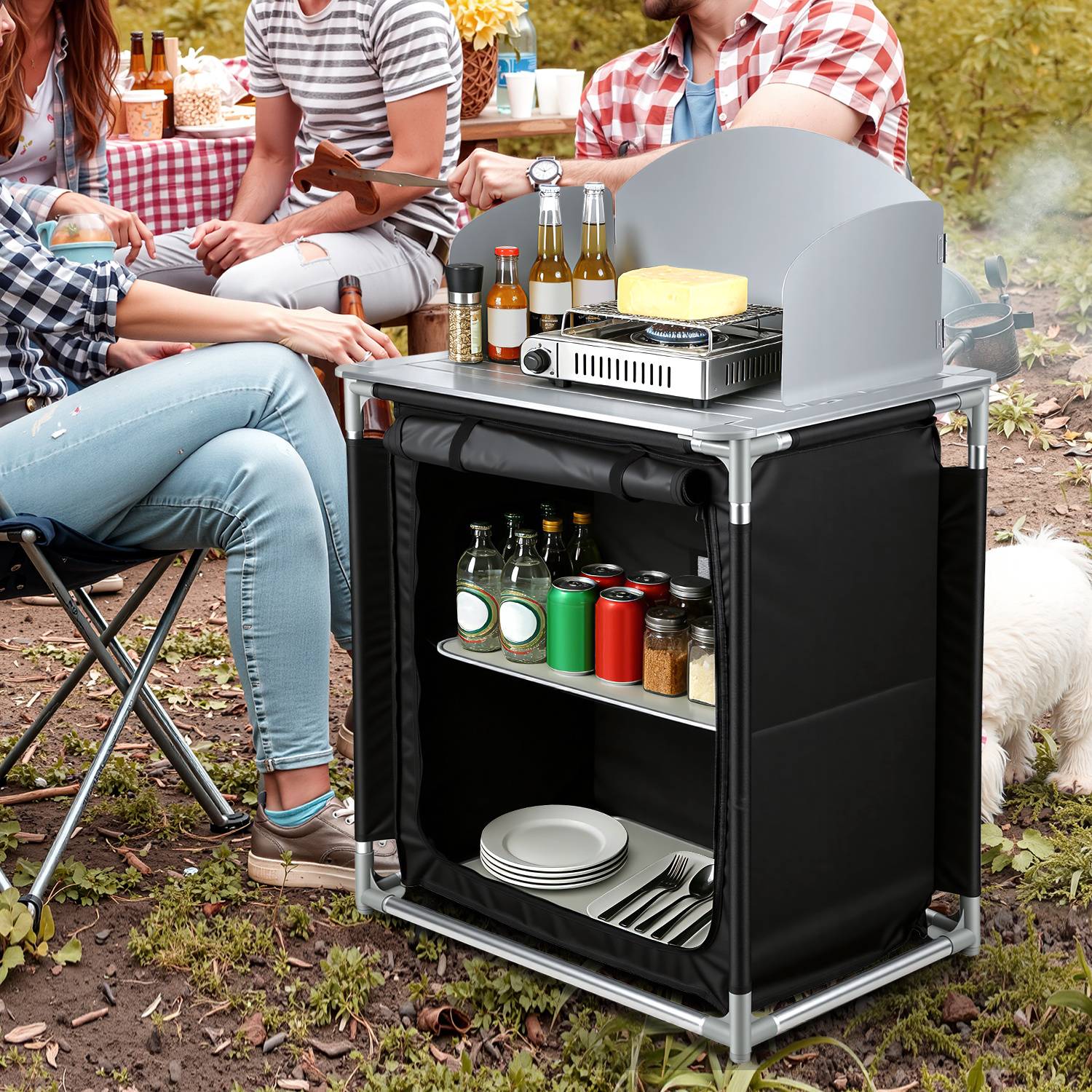 Campingküche mit 2 Schubladen, Outdoor Küchentisch mit Alu-Arbeitsplatte & Rand, stabile Campingbox 80x76x56cm für Wohnwagen, Schwarz