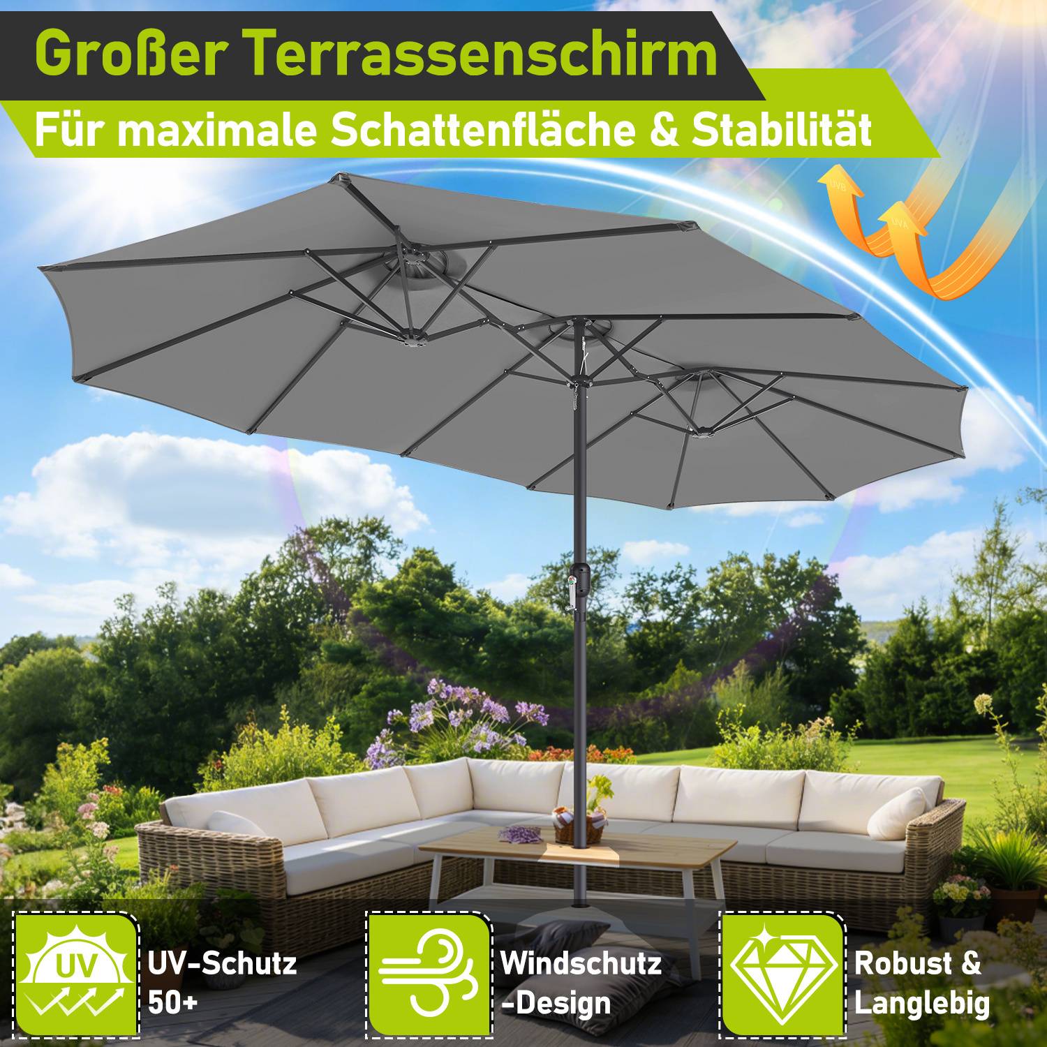 XXL Gartenschirm Grau – Dreifach Schirm mit besonders breiter Spannweite für Terrasse & Außenbereich