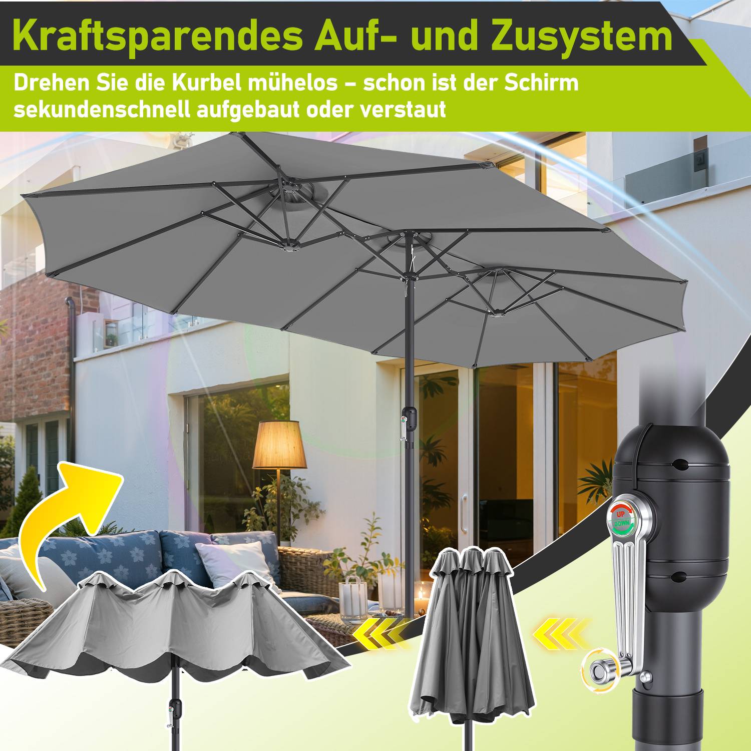 XXL Gartenschirm Grau – Dreifach Schirm mit besonders breiter Spannweite für Terrasse & Außenbereich