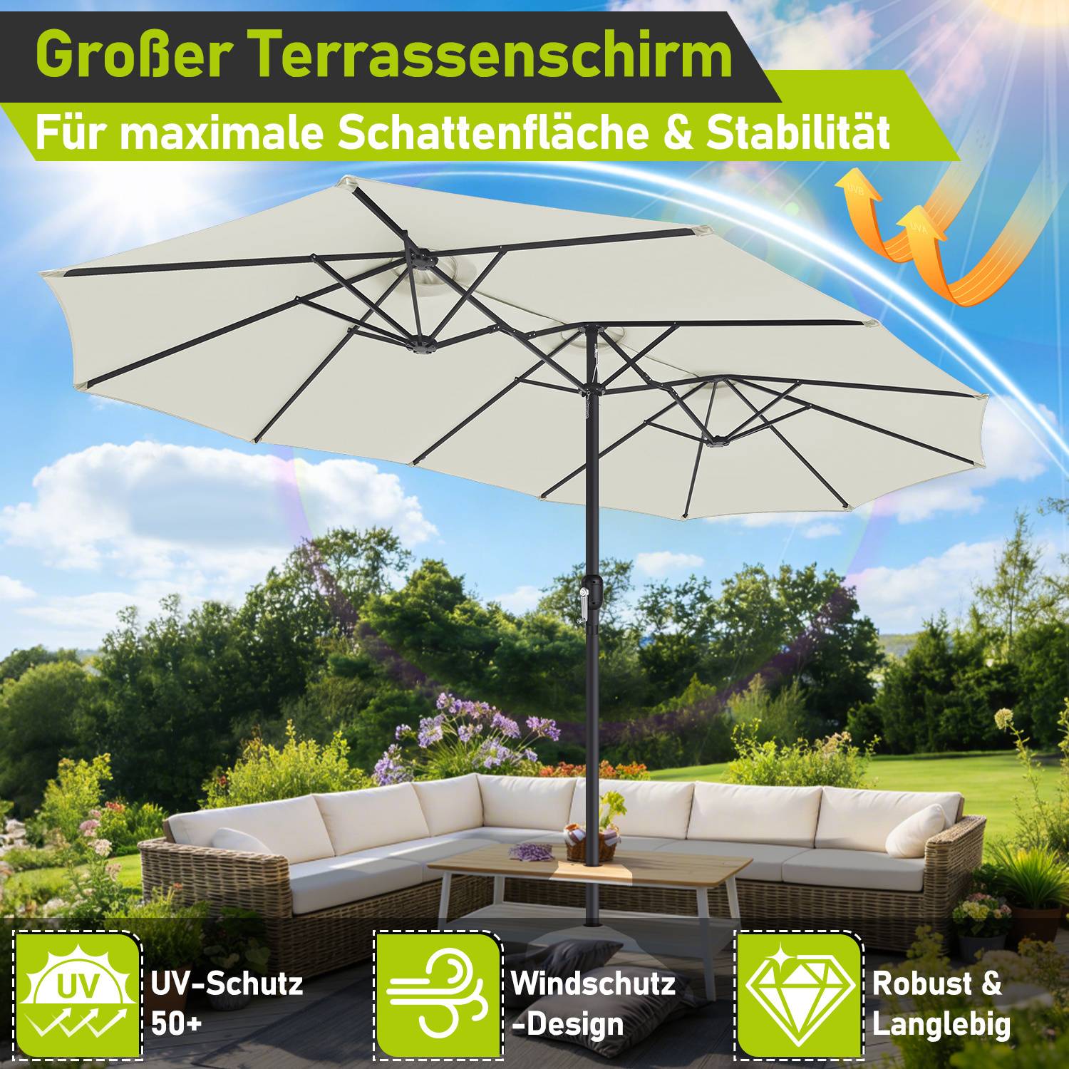 Dreikopf Sonnenschirm Creme XXL – Extra breite Schirmfläche, ideal für große Terrassen und Gartenbereiche