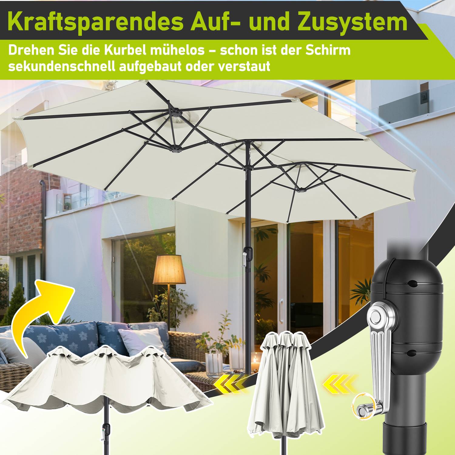 Dreikopf Sonnenschirm Creme XXL – Extra breite Schirmfläche, ideal für große Terrassen und Gartenbereiche