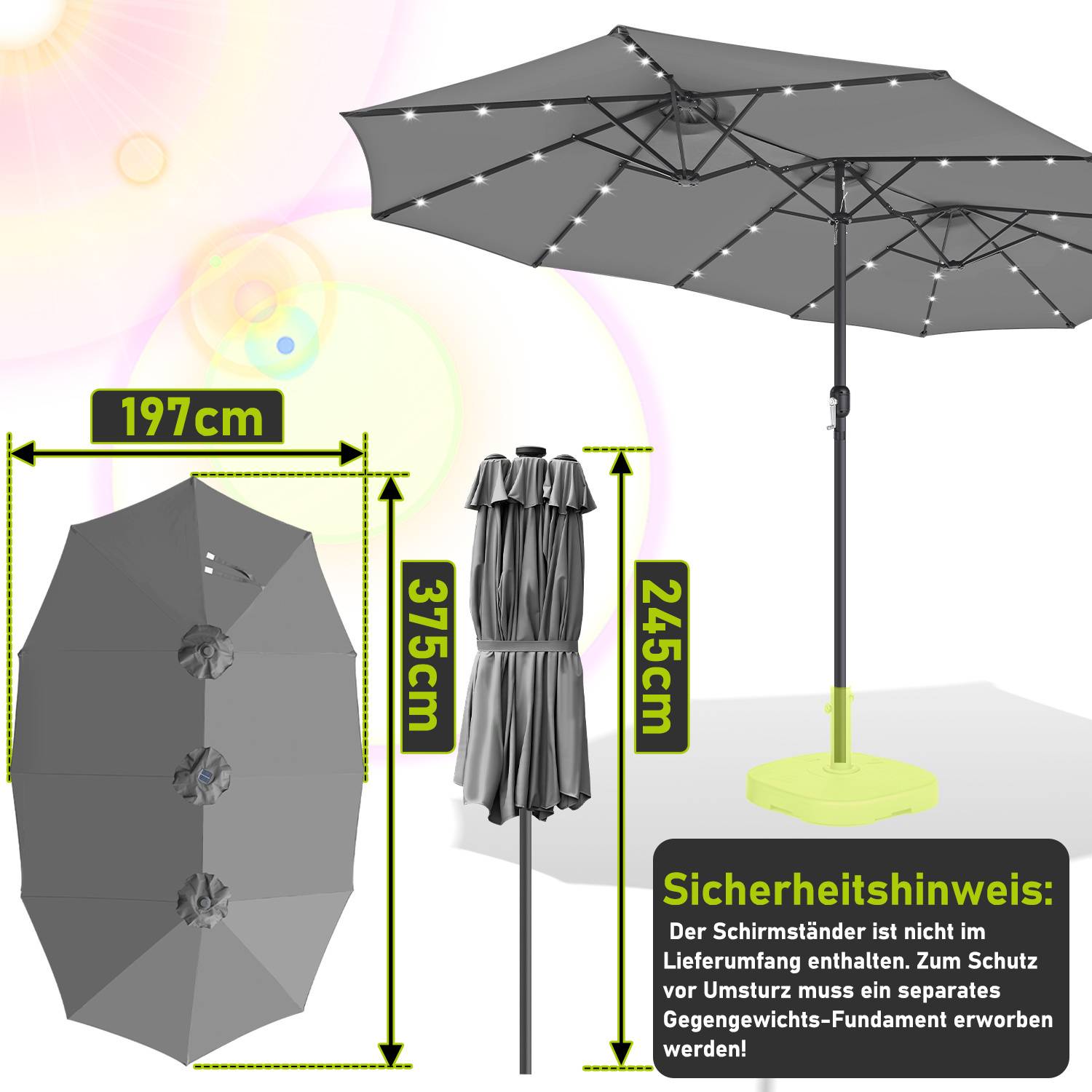 Dreikopf Sonnenschirm Grau mit LED-Beleuchtung – Extra große Schirmfläche für Garten & Terrasse, stabiler 3-teiliger Marktschirm