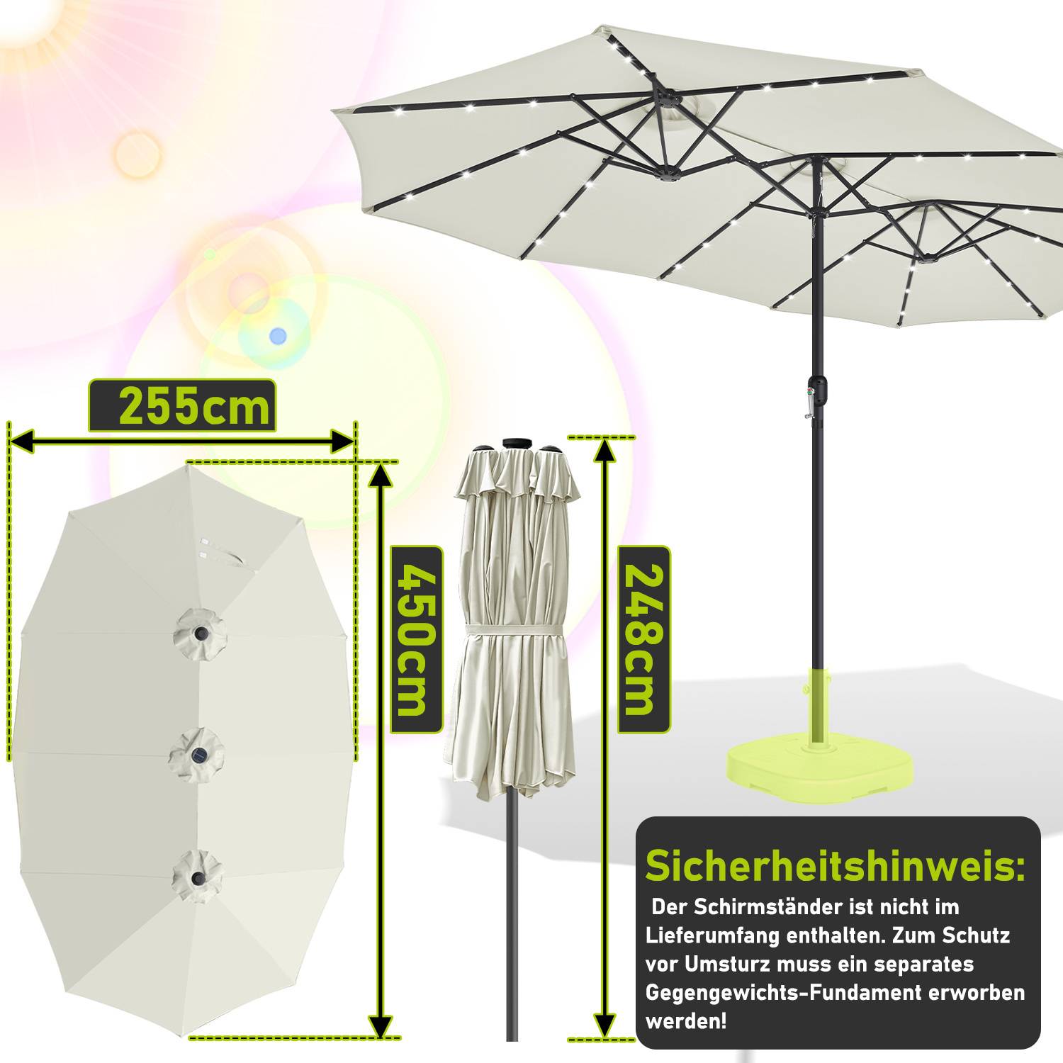 XXL Sonnenschirm Naturweiß mit LED-Beleuchtung – Dreikopf Design für maximalen Schatten, besonders große Spannweite