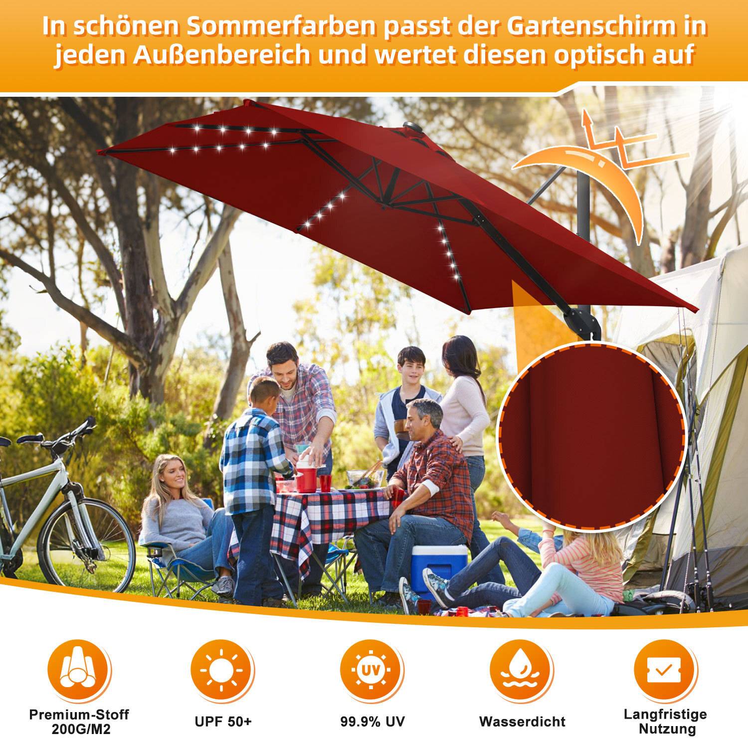 LED Sonnenschirm Rot – Marktschirm für Terrasse & Balkon, wasserabweisend, mit integrierter Beleuchtung