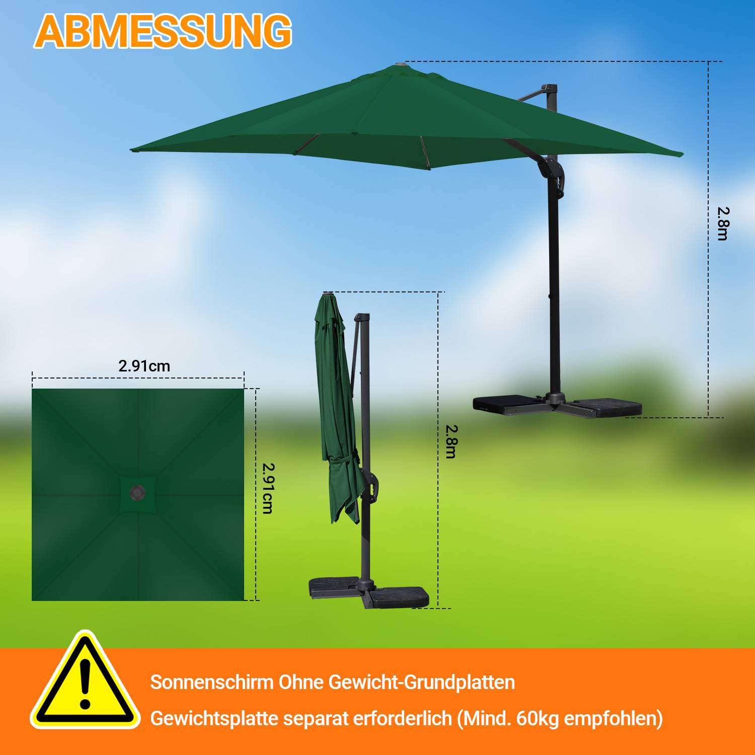 Sonnenschirm Grün Ø300 cm – Klassischer Gartenschirm mit Kurbel & UV-beständigem Stoff
