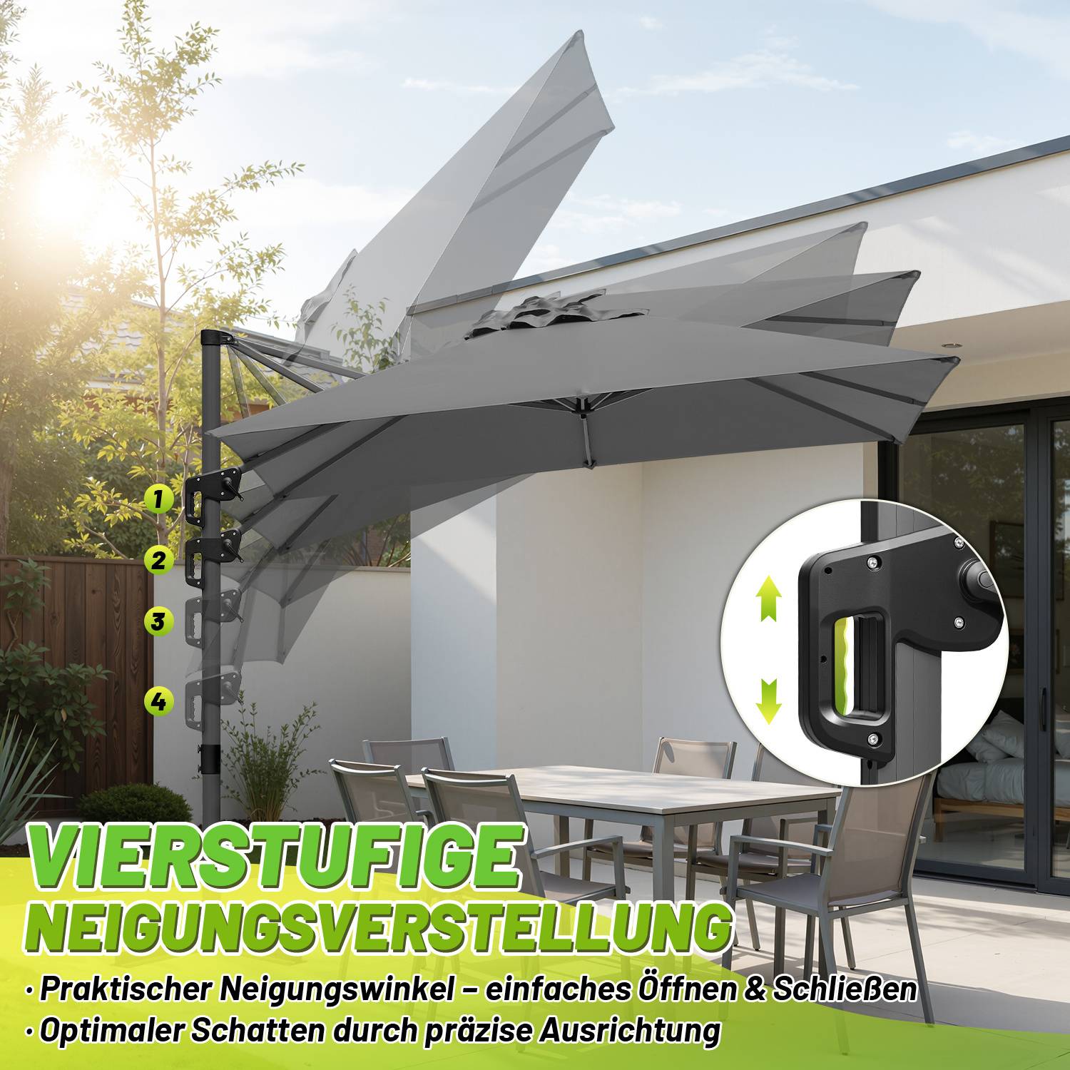 Sonnenschirm Grau Ø300 cm – Moderner Terrassenschirm mit Kurbel, UV-Schutz & stabilem Mast