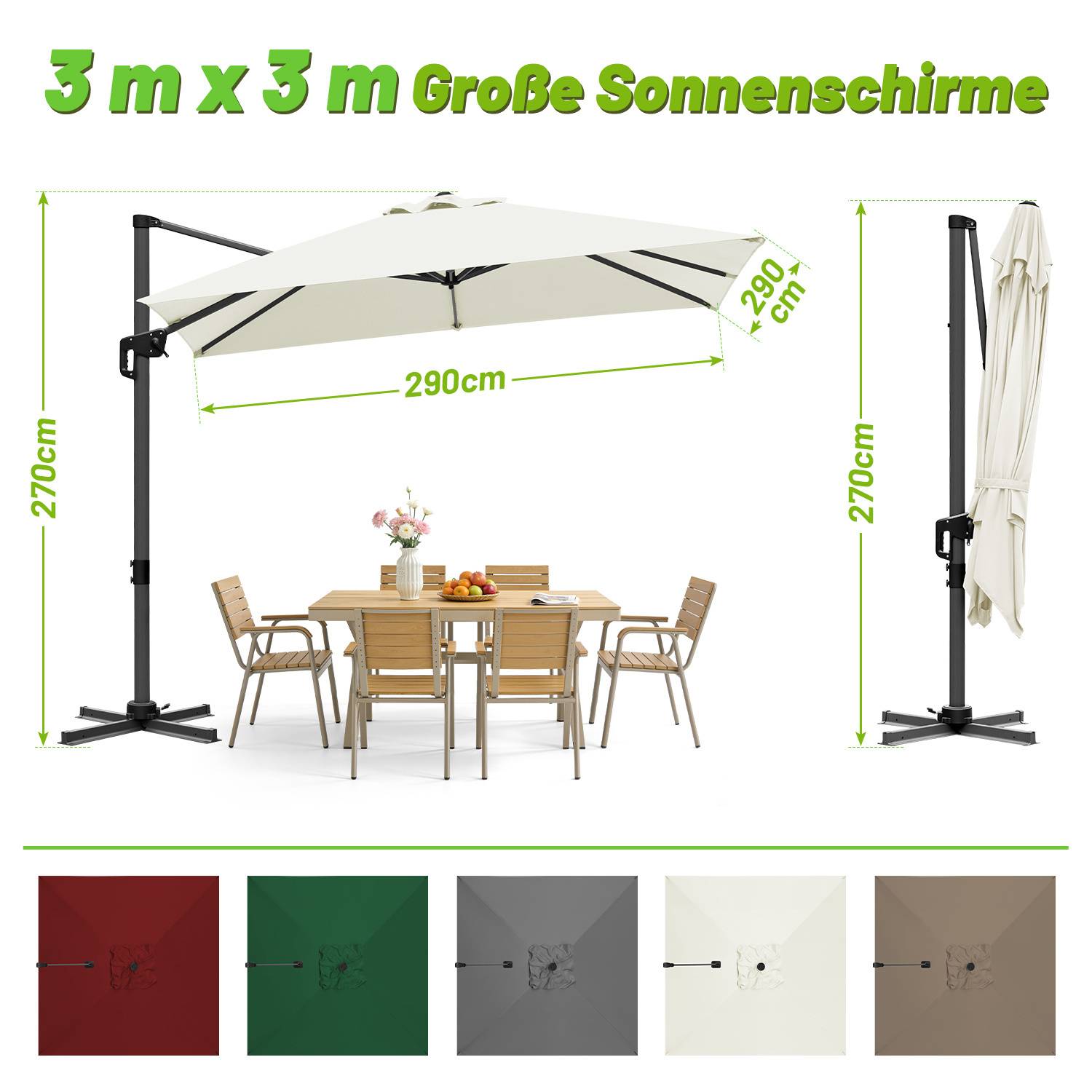 Sonnenschirm Creme Ø300 cm – Eleganter Gartenschirm mit Kurbel & UV-Schutz