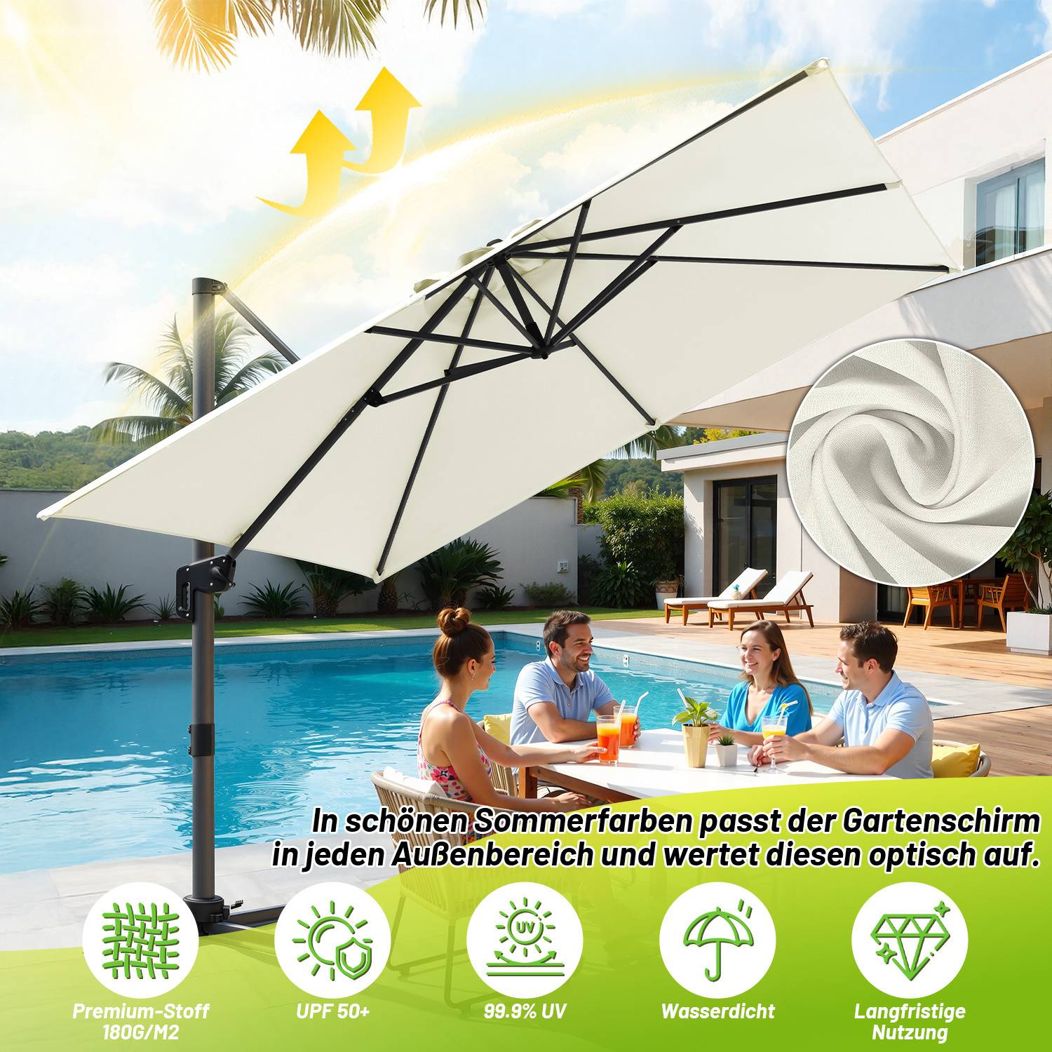 Sonnenschirm Creme Ø300 cm – Eleganter Gartenschirm mit Kurbel & UV-Schutz