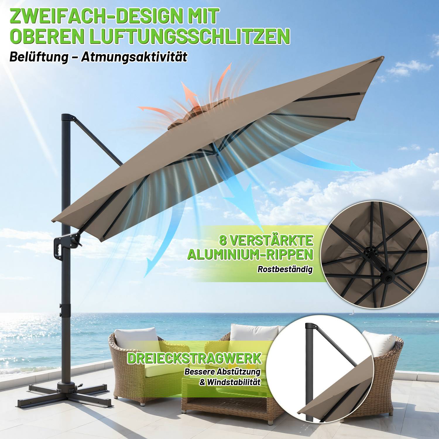 Sonnenschirm Khaki Ø300 cm – Moderner Gartenschirm mit Kurbel, UV-Schutz & stabilem Gestell