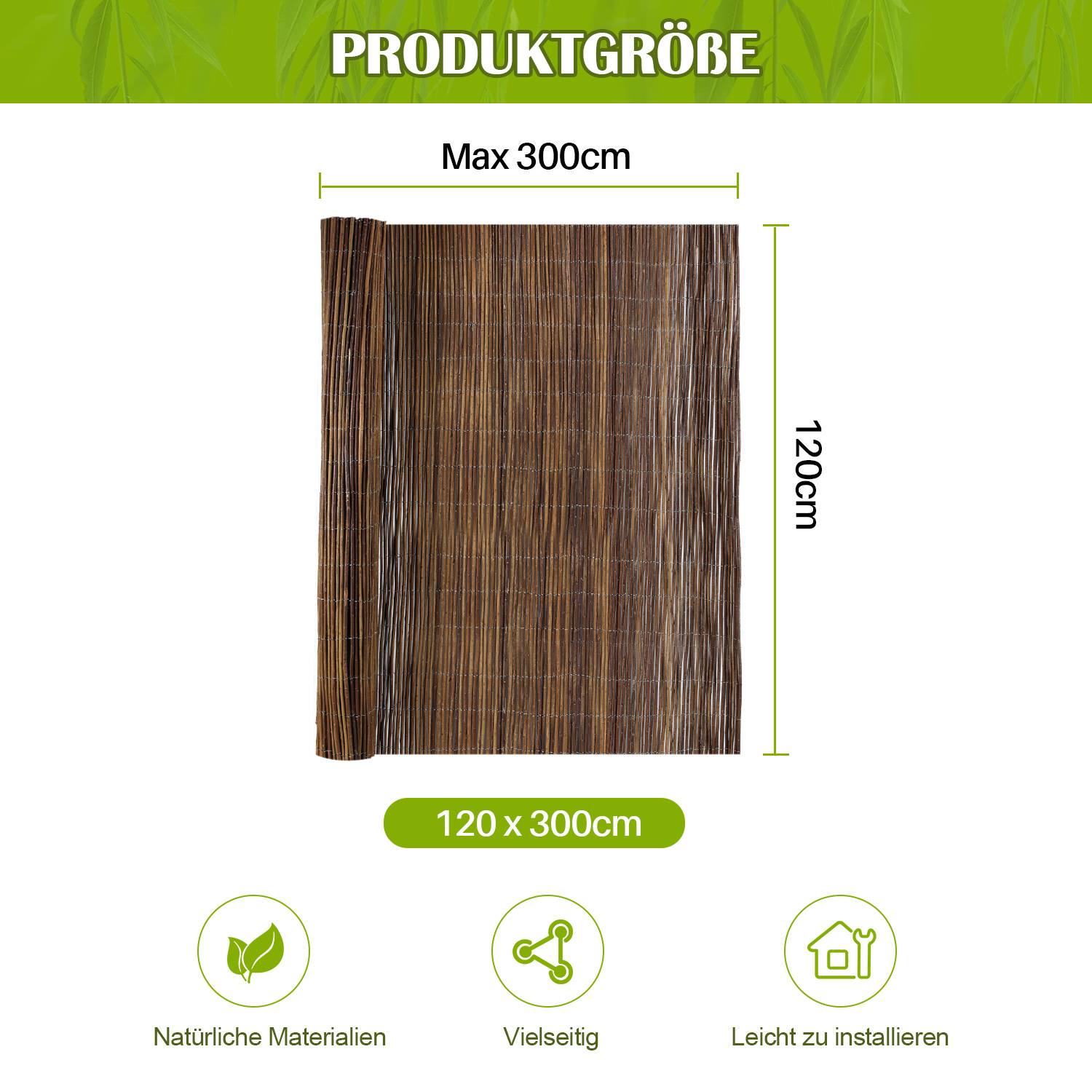 120 x 300 cm Weidenmatte Sichtschutz Natur – Weidenzaun blickdicht für Garten, Balkon & Terrasse