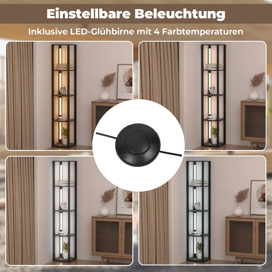 Stehlampe mit 4 LED-Stangen & Quadrat 4 Regalen, Dimmbare Standleuchte mit Fußschalter, mit 3-stufig dimmbaren LED-Leuchten 163cm Stehleuchte für Wo
