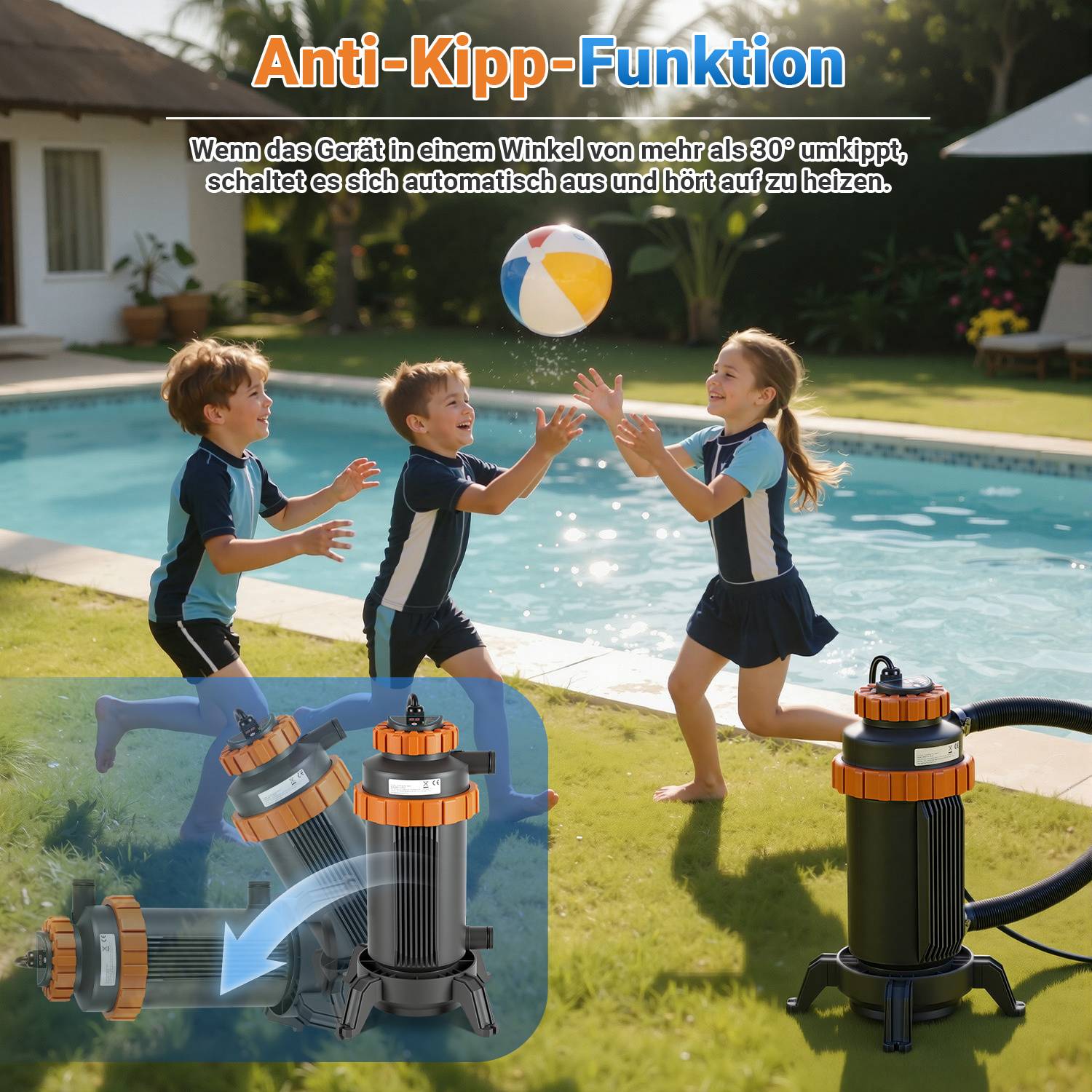 1 x Poolheizung Elektrische Poolheizung mit integriertem Thermostat, die den Pool auf 35 Grad Celsius erwärmen kann.