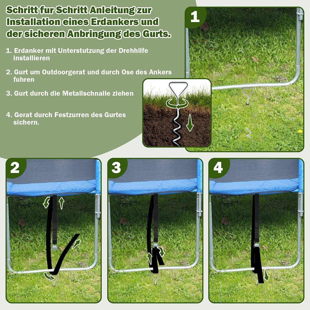 Bodenanker Trampolin Set (4 Stück) – 40cm Robuste Erdanker für Trampolin – Schraubanker zum Eindrehen zur sicheren Befestigung im Boden