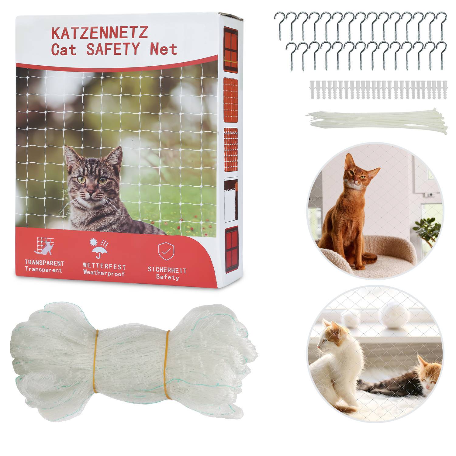 Transparentes Katzen Schutznetz 8x3m für Balkon & Fenster, bissfestes Nylonnetz mit 2,5cm Maschen, einfache Montage
