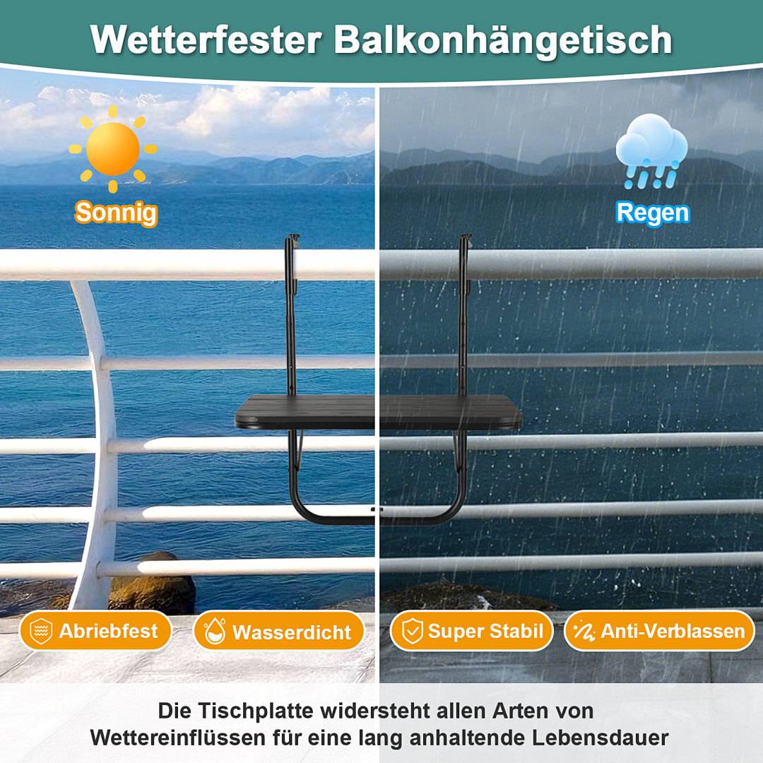 Balkonhängetisch ,Gartentisch klappbar, Hängetisch 4-stufig höhenverstellbar, Balkontisch bis 40kg belastbar, Klapptisch Metall,Balkon Tisch