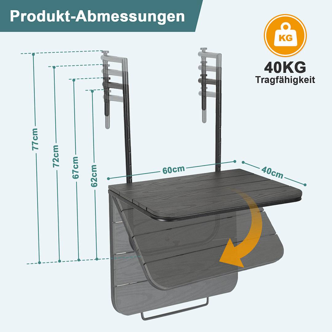 Balkonhängetisch ,Gartentisch klappbar, Hängetisch 4-stufig höhenverstellbar, Balkontisch bis 40kg belastbar, Klapptisch Metall,Balkon Tisch