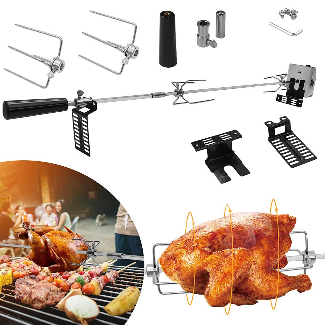 107 cm Edelstahl Grillspieß Set mit Motor 220–240V, Elektrischer Drehspieß inkl. 2 Fleischklammern & 2 Fleischnadeln, BBQ Rotisserie