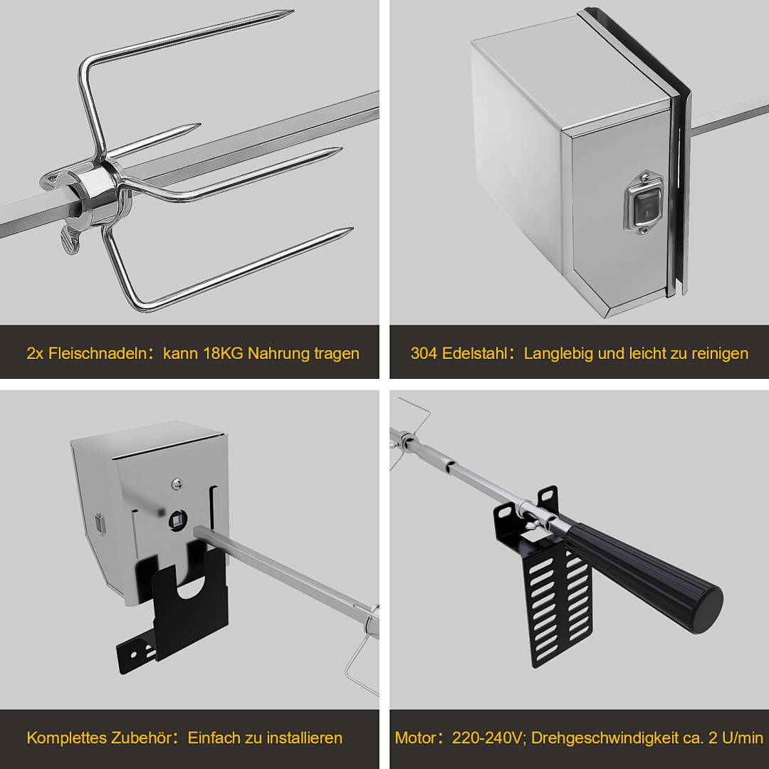 107 cm Edelstahl Grillspieß Set mit Motor 220–240V, Elektrischer Drehspieß inkl. 2 Fleischklammern & 2 Fleischnadeln, BBQ Rotisserie