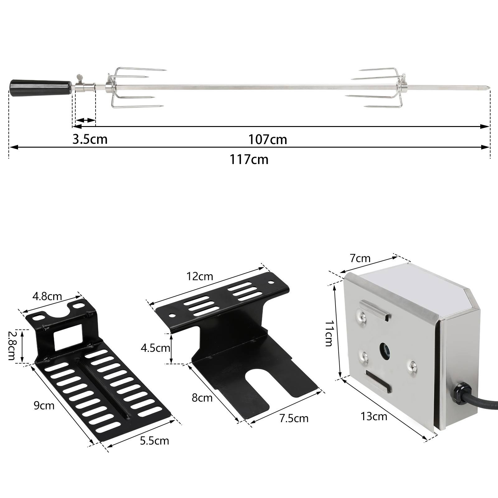 107 cm Edelstahl Grillspieß Set mit Motor 220–240V, Elektrischer Drehspieß inkl. 2 Fleischklammern & 2 Fleischnadeln, BBQ Rotisserie