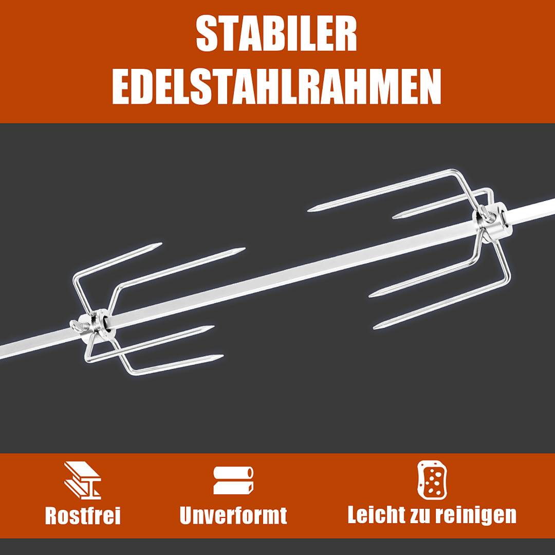 107 cm Edelstahl Grillspieß Set mit Motor 220–240V, Elektrischer Drehspieß inkl. 2 Fleischklammern & 2 Fleischnadeln, BBQ Rotisserie