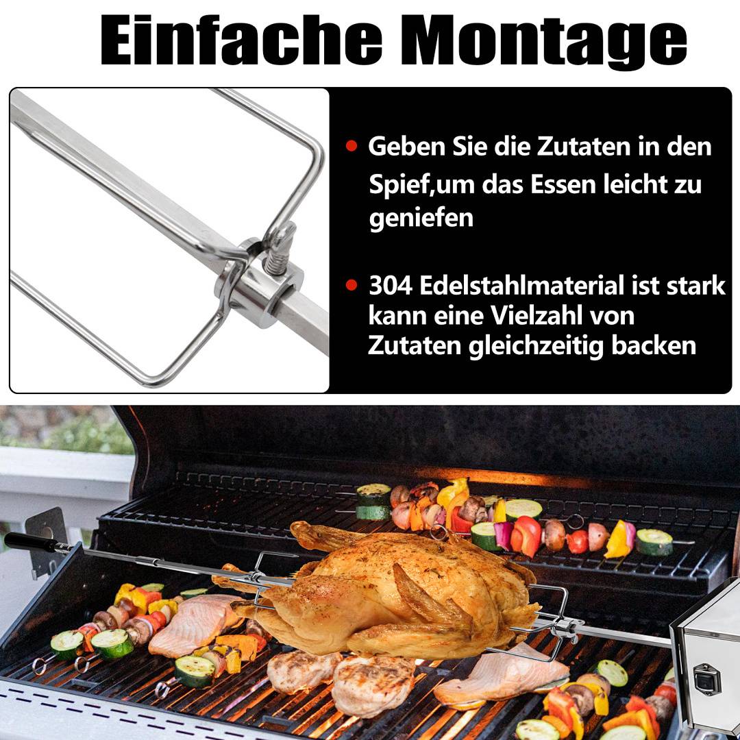 107 cm Edelstahl Grillspieß Set mit Motor 220–240V, Elektrischer Drehspieß inkl. 2 Fleischklammern & 2 Fleischnadeln, BBQ Rotisserie