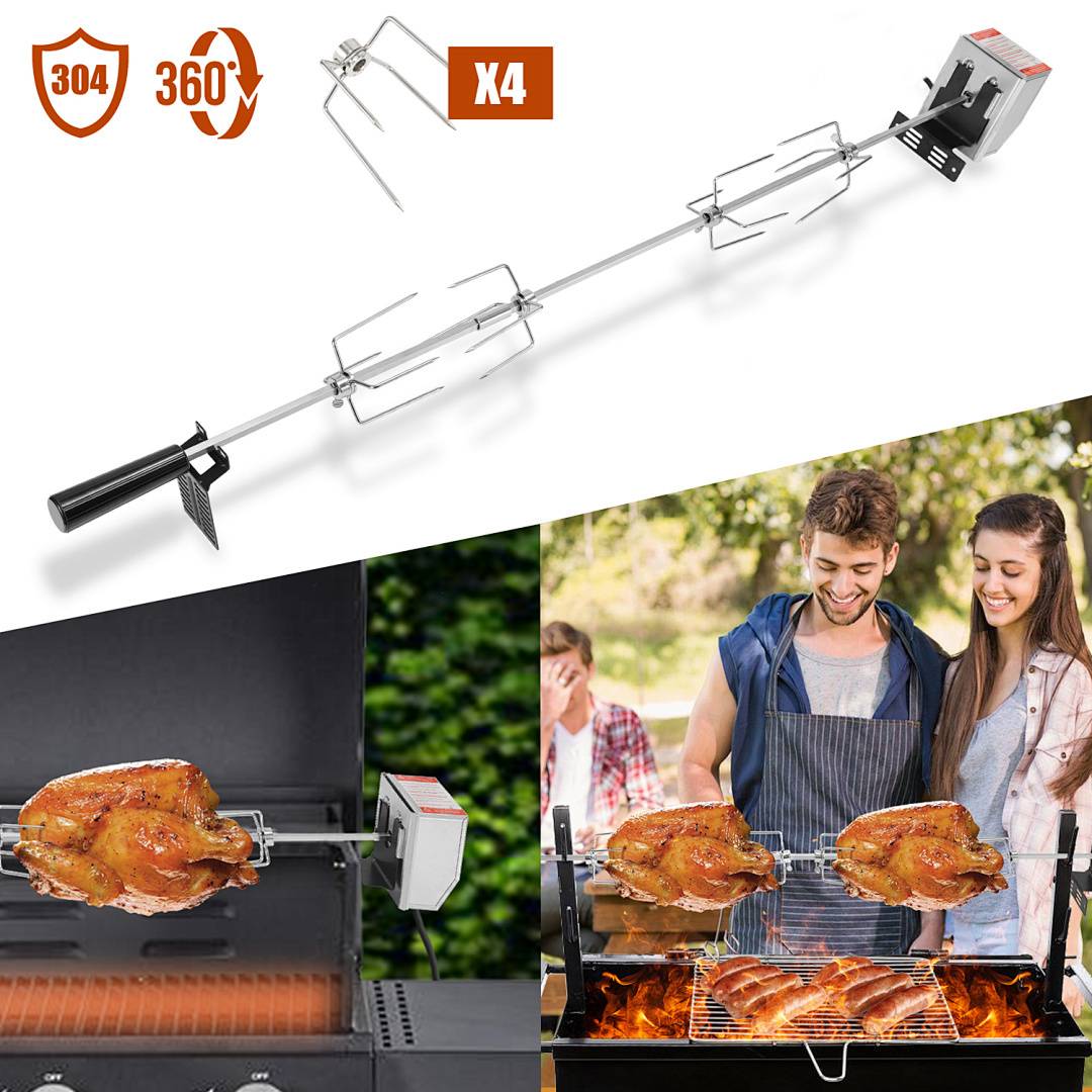 117 cm Edelstahl Grillspieß Set mit Motor 220–240V, Elektrischer Drehspieß inkl. 4 Fleischklammern & 4 Fleischnadeln, BBQ Rotisserie