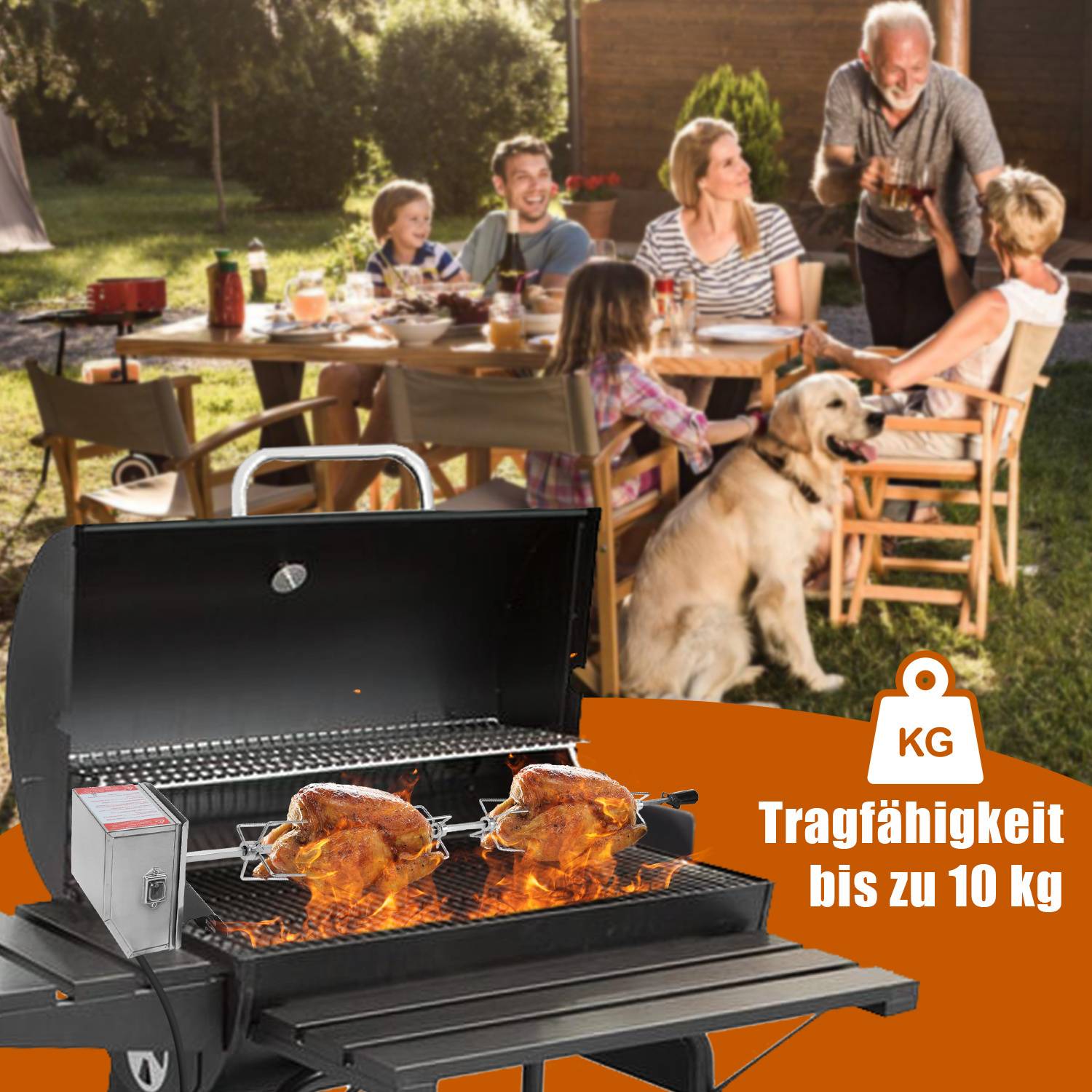 117 cm Edelstahl Grillspieß Set mit Motor 220–240V, Elektrischer Drehspieß inkl. 4 Fleischklammern & 4 Fleischnadeln, BBQ Rotisserie