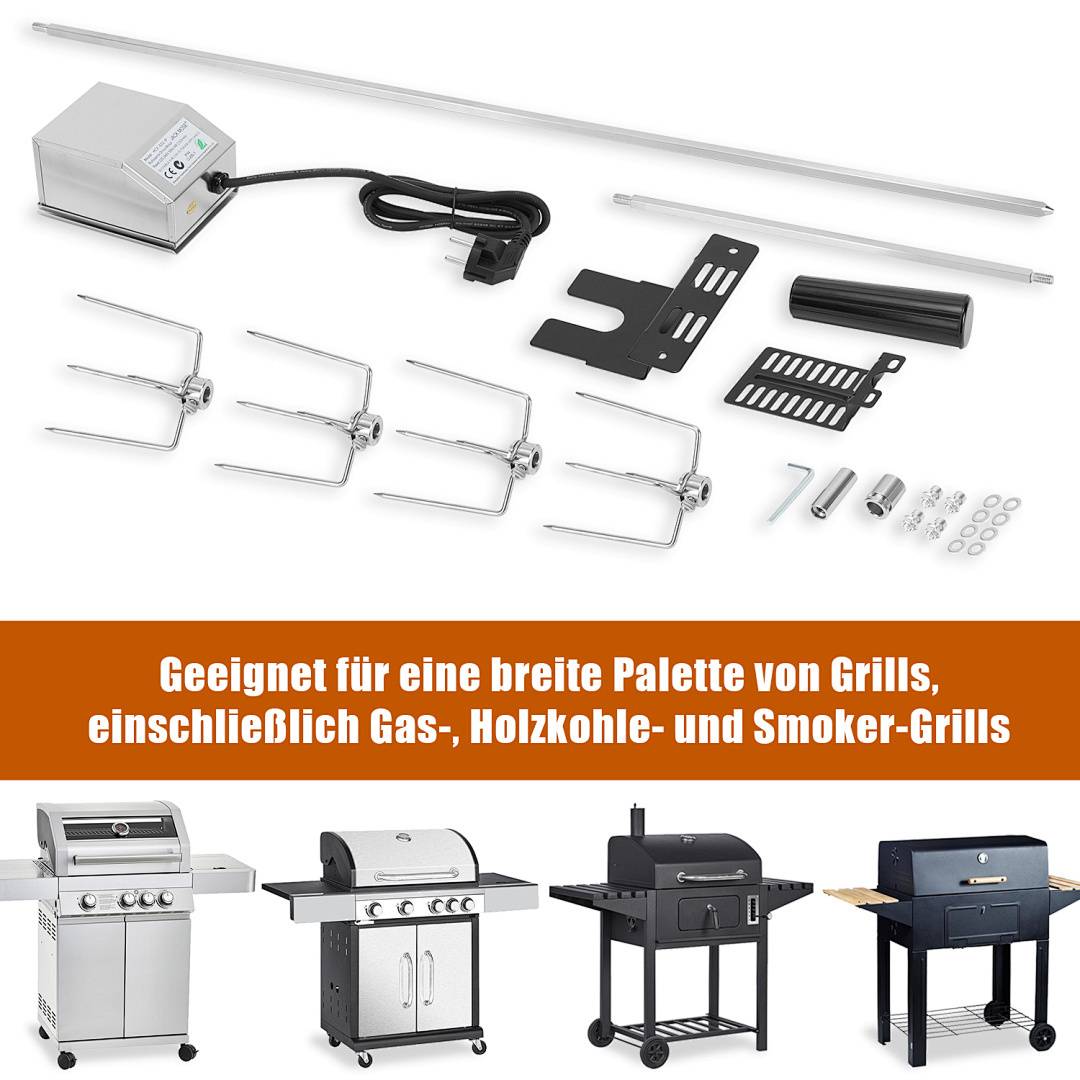 117 cm Edelstahl Grillspieß Set mit Motor 220–240V, Elektrischer Drehspieß inkl. 4 Fleischklammern & 4 Fleischnadeln, BBQ Rotisserie