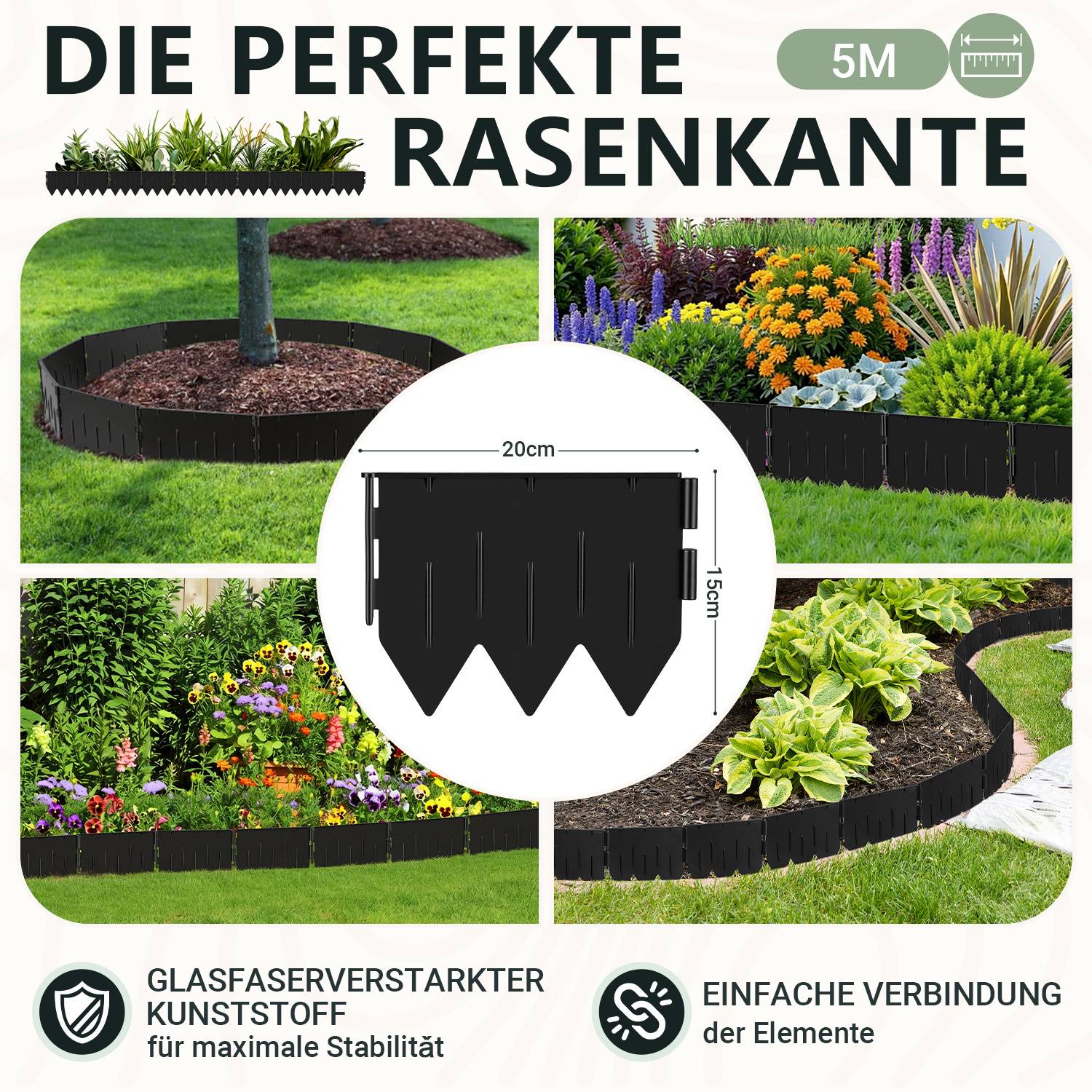 Rasenkante Beeteinfassung Beetbegrenzung 5m Länge 25-teilige Garten Border 20x15cm mit Dreikant-Profil - Biegsame PP-Kunststoff Rasenkanten Schwarz